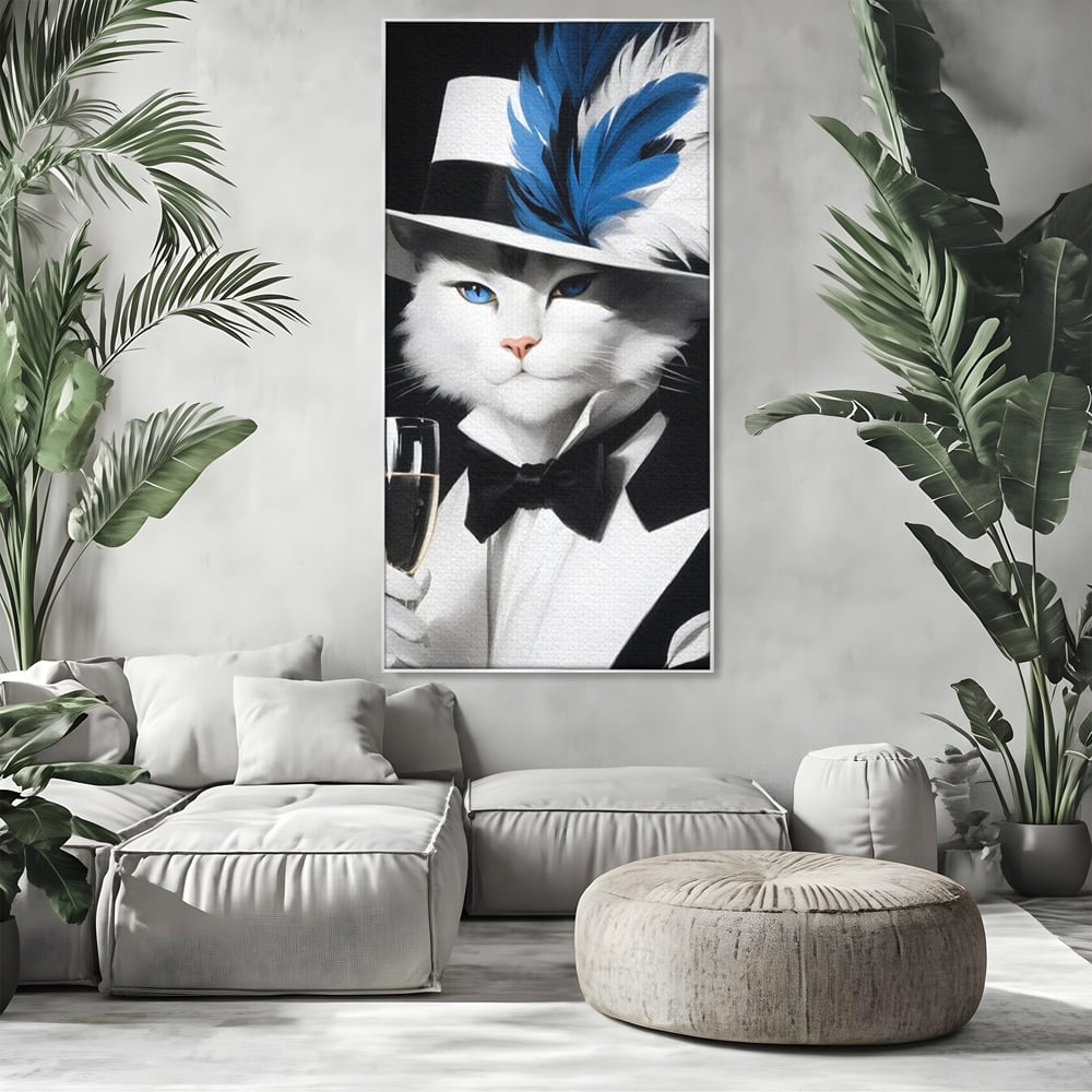 Tablou canvas cu tablou canvas cu pisica aristocrata in costum, in rama de aluminiu argintiu, pe perete intr-un living